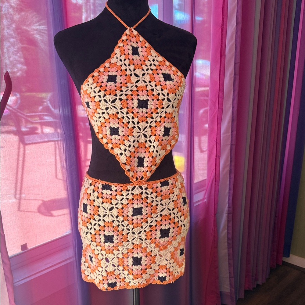 Love+Harmony Backless Crochet Halter Style Mini Dress Orange & White Size S